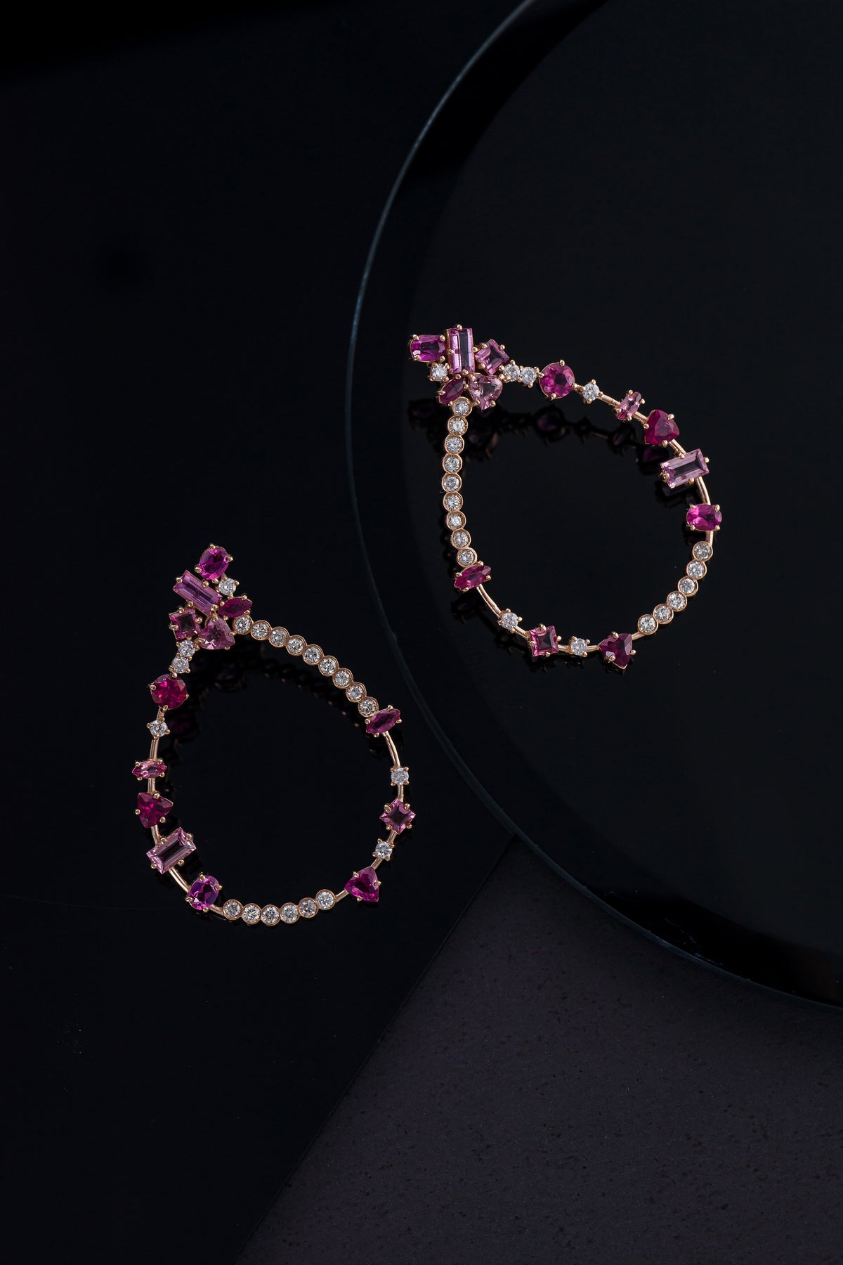 Brinco Oval em Ouro Rosé com Turmalina Rosa, Rubilita e Brilhantes