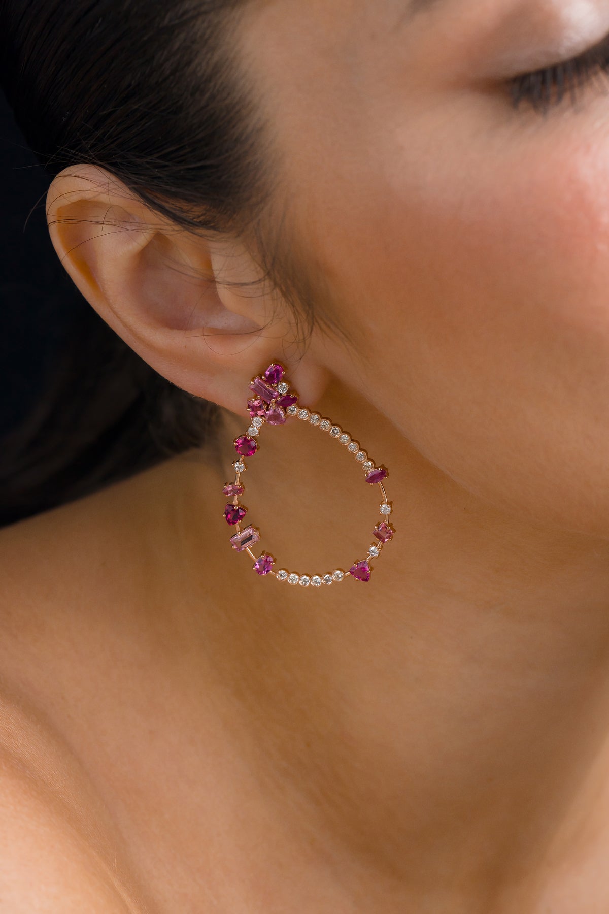 Brinco Oval em Ouro Rosé com Turmalina Rosa, Rubilita e Brilhantes