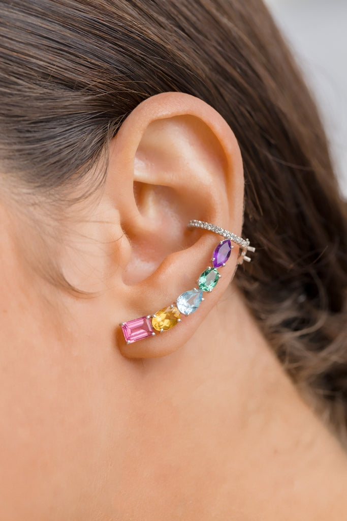 Brinco Ouro Branco Ear Cuff  de Pedras Variadas com Piercing
