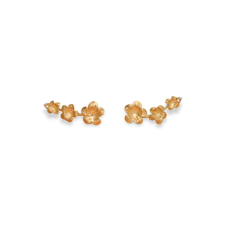 Brinco Ear Cuff de Ouro Amarelo Flores com Diamantes